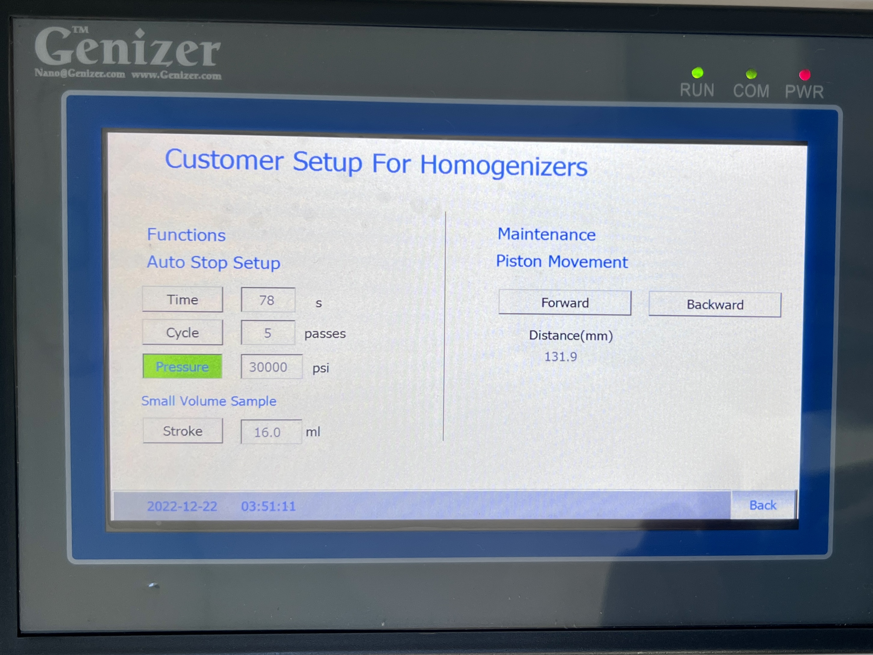 Photo showing customer settings on PLC Touch Screen for high pressure homogenizers.